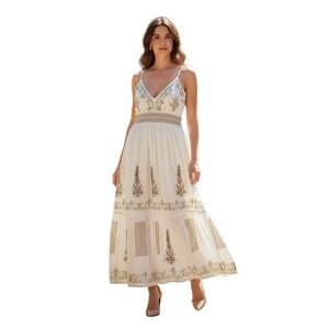 POL Ivory 100% Cotton Gauze Embroidered Boho Maxi Dress Green Brown Floral L NWT